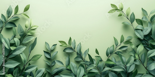 Symmetrical arrangement of green leaves on a pastel green background