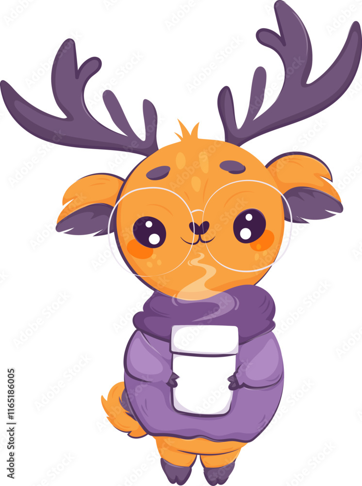 Obraz premium Cute cartoon deer wearing glasses, a purple sweater, and scarf, holding a coffee cup. Perfect for cozy, winter-themed designs.
