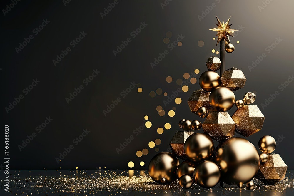 Fototapeta premium Minimalist gold lines forming a Christmas tree with soft, glowing ornaments