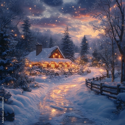 Snowy cabin winter lights cozy charm high resolution hd picture