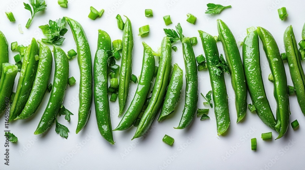 Fresh green peas and chopped parsley arranged on white background.