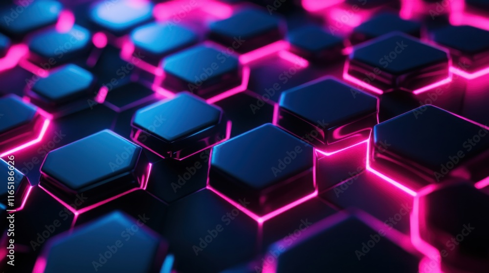 Neon blue and pink hexagons interlocked in a 3D pattern, glowing against a dark background. Neon blue and pink hexagons interlocked in a 3D pattern, glowing against a dark background.
