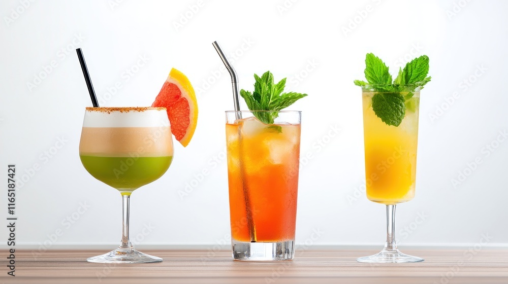 Three colorful cocktails garnished with fruits and mint leaves. Three colorful cocktails garnished with fruits and mint leaves.