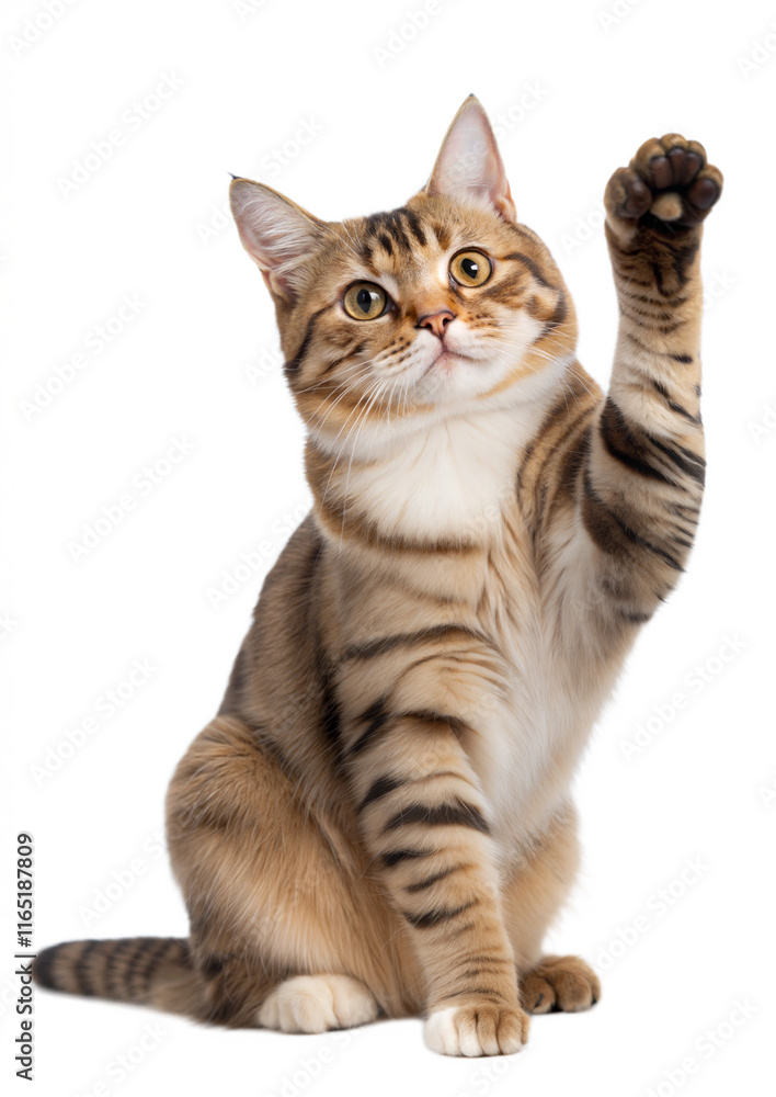Fototapeta premium Playful tabby cat raising paw - A curious tabby cat sitting upright and raising its paw, showcasing an adorable and playful gesture on a white background.