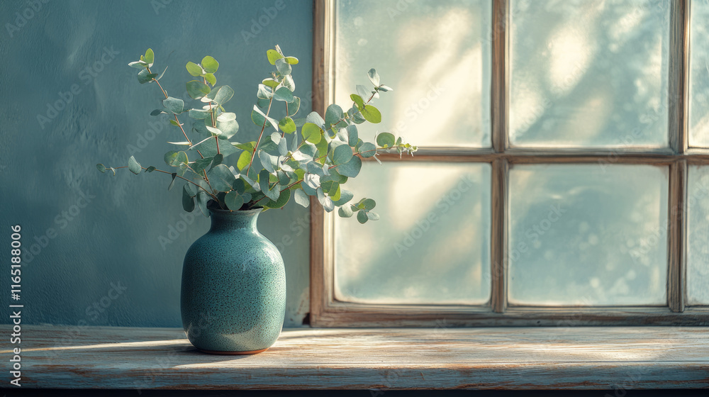 Eucalyptus Branch in Teal Vase by Sunlit Window Eucalyptus Branch in Teal Vase by Sunlit Window