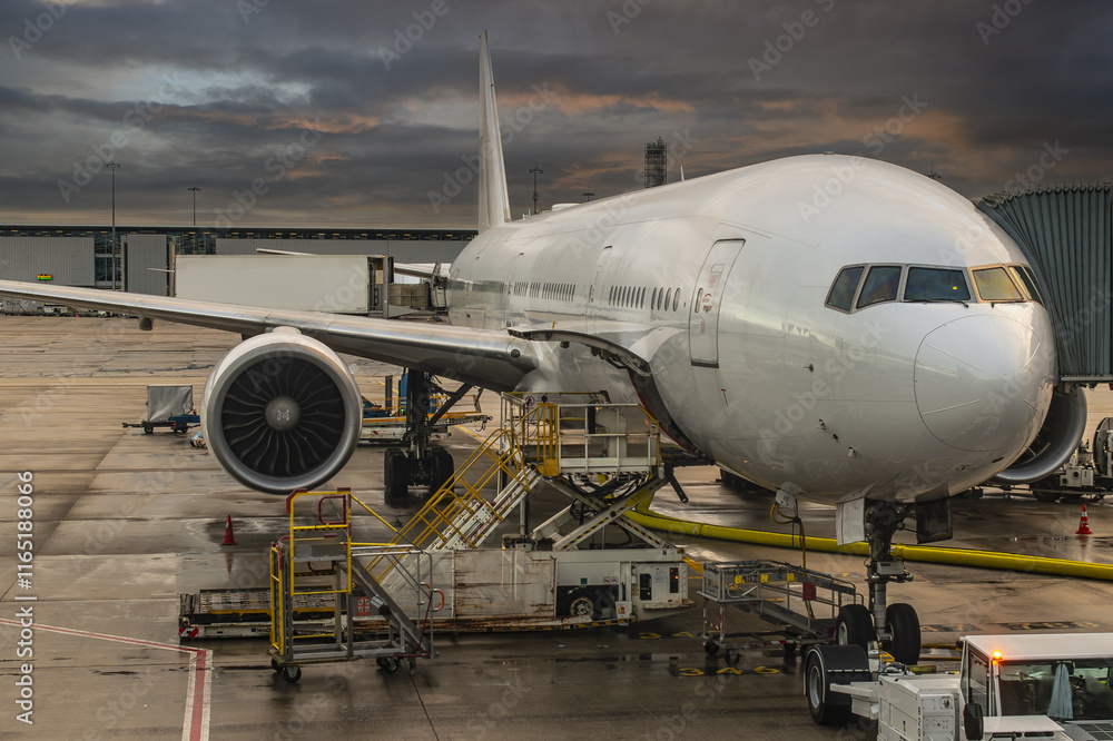 airliner at sunset in Paris airport before boarding airliner at sunset in Paris airport before boarding
