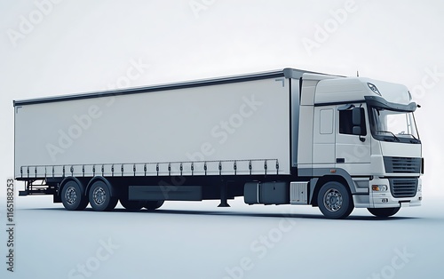 White semi-truck with curtain side trailer isolated on light background. photo