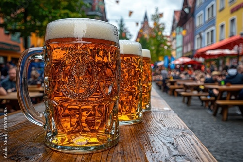 A vibrant Oktoberfest celebration in a large beer hall with steins filled with beer, traditional dishes on wooden tables, and musicians performing lively folk songs. Add intricate designs on  photo