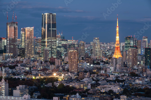 Photography Tokyo aerial view with Azabudai district and Tokyo tower at blue hour, Japan