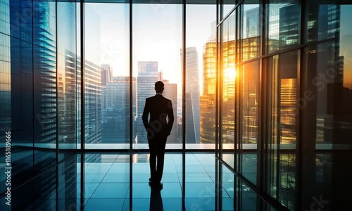 Businessman Contemplating Cityscape at Sunrise from Modern Office