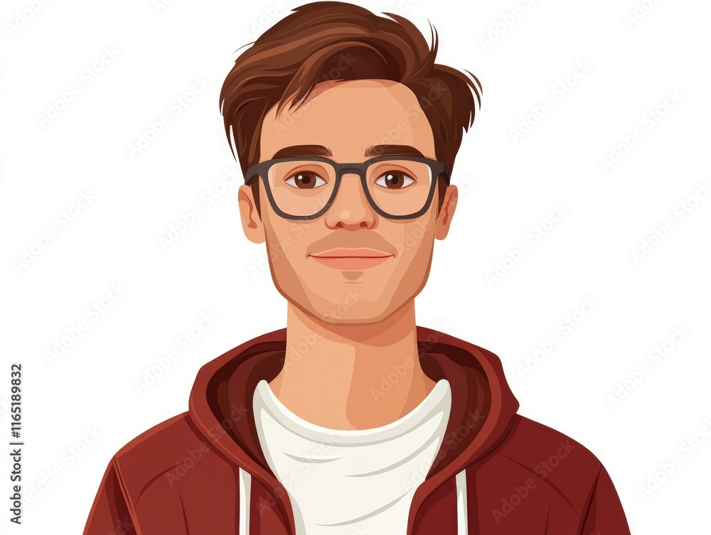 Illustration of a young man with brown hair, wearing glasses and a maroon hoodie. Illustration of a young man with brown hair, wearing glasses and a maroon hoodie.
