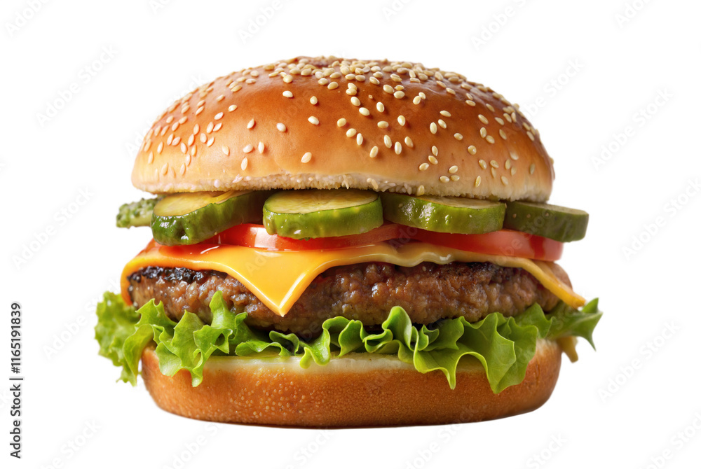 Classic cheeseburger with fresh toppings - A juicy cheeseburger with lettuce, tomato, pickles, and melted cheese on a sesame seed bun, perfect for fast food lovers. Classic cheeseburger with fresh toppings - A juicy cheeseburger with lettuce, tomato, pickles, and melted cheese on a sesame seed bun, perfect for fast food lovers.