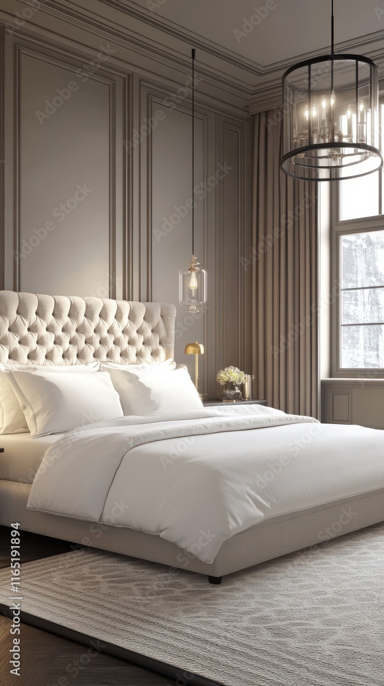 Fototapeta premium Luxurious bedroom interior design featuring a large upholstered bed, plush bedding, elegant lighting, and wall paneling.