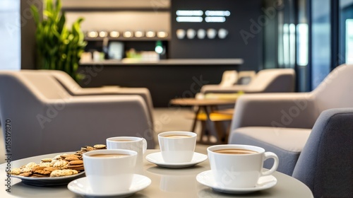 Wallpaper Mural A clean business lounge with coffee cups, snacks, and contemporary furniture for professional breaks. Torontodigital.ca