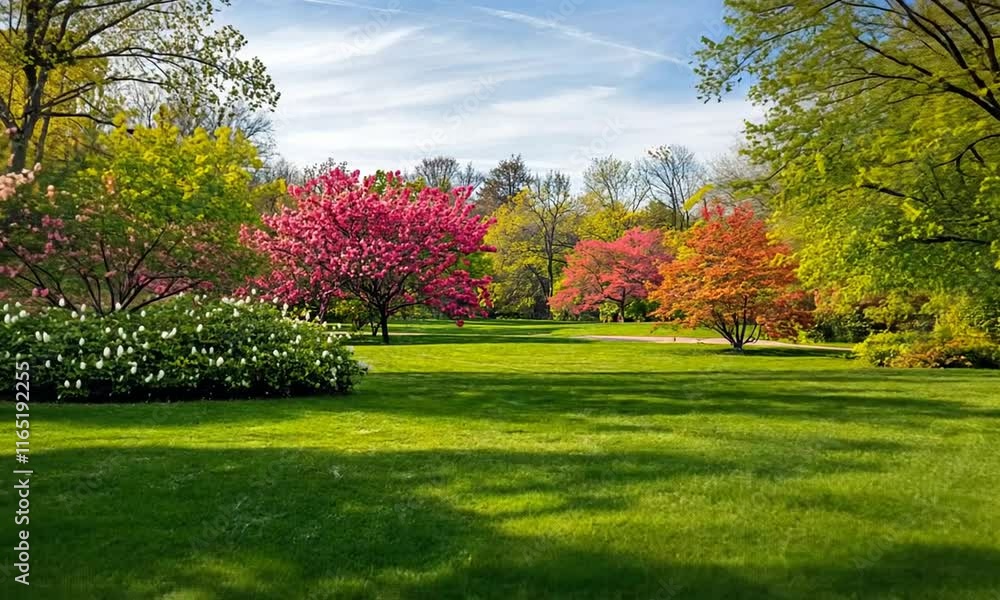 A vibrant park scene with blooming trees and lush green grass under a clear sky. A vibrant park scene with blooming trees and lush green grass under a clear sky.