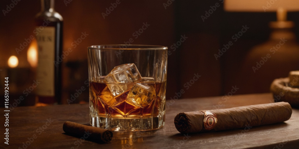 Banner featuring a whiskey glass with ice and a cigar on a table, emphasizing sophistication and relaxation. Banner featuring a whiskey glass with ice and a cigar on a table, emphasizing sophistication and relaxation.