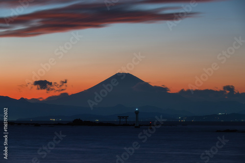 Wallpaper Mural Mount Fuji in the distance with Torii gate and lighthouse in the middle of the sea, Kamakura, Kanagawa, Japan Torontodigital.ca