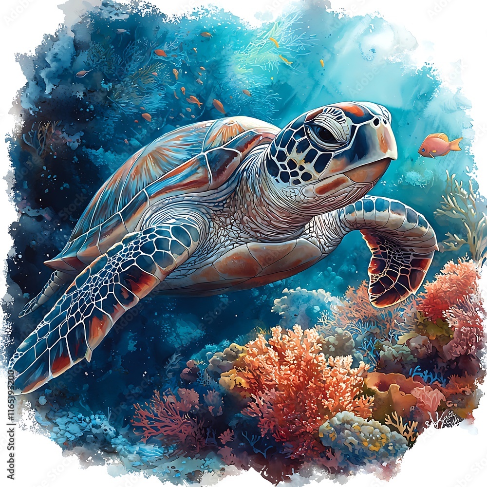 Fototapeta premium A Vibrant Watercolor Painting of a Sea Turtle Gracefully Swimming Amidst Coral Reefs and Tropical Fish.