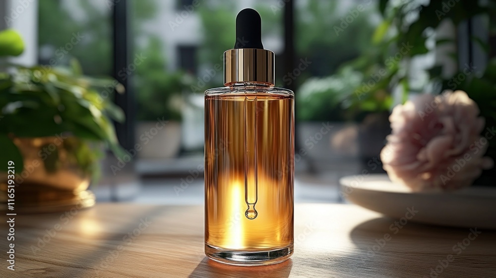 Naklejka premium Glass dropper bottle with amber liquid and greenery.