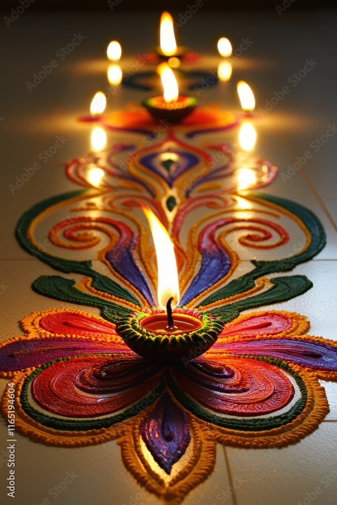 Fototapeta premium A bustling Diwali street market with colorful rangoli designs at the entrances, glowing diyas lining the pathways, and families enjoying festive snacks. Add intricate floral designs on the rangoli 