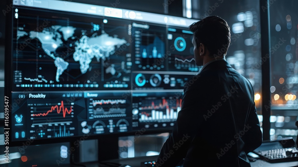 High-tech financial analysis using AI, with stock charts, graphs, and predictive analytics visualized on a screen. High-tech financial analysis using AI, with stock charts, graphs, and predictive analytics visualized on a screen.