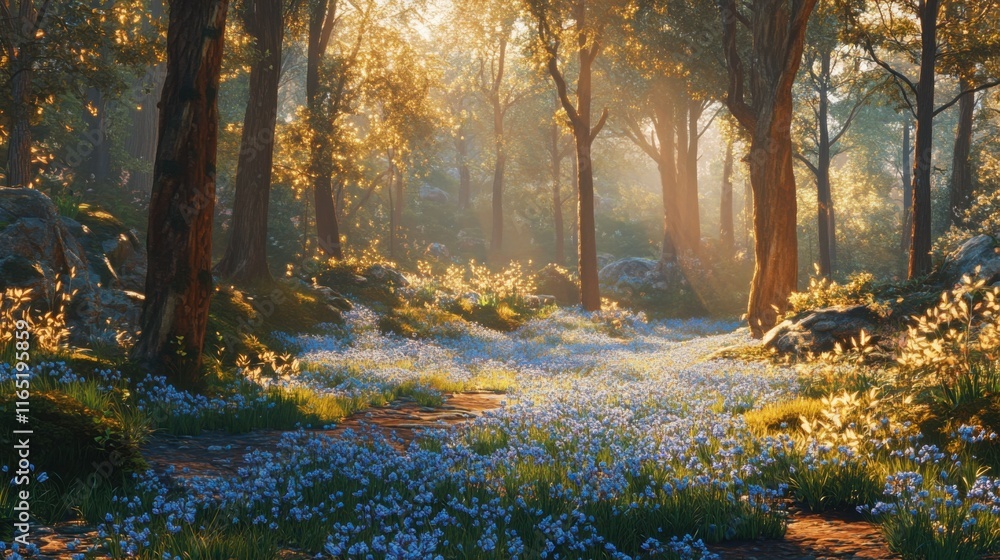 Fototapeta premium Panoramic scene of a forest park in April, with Scilla flowers creating a vibrant blue carpet on the forest floor