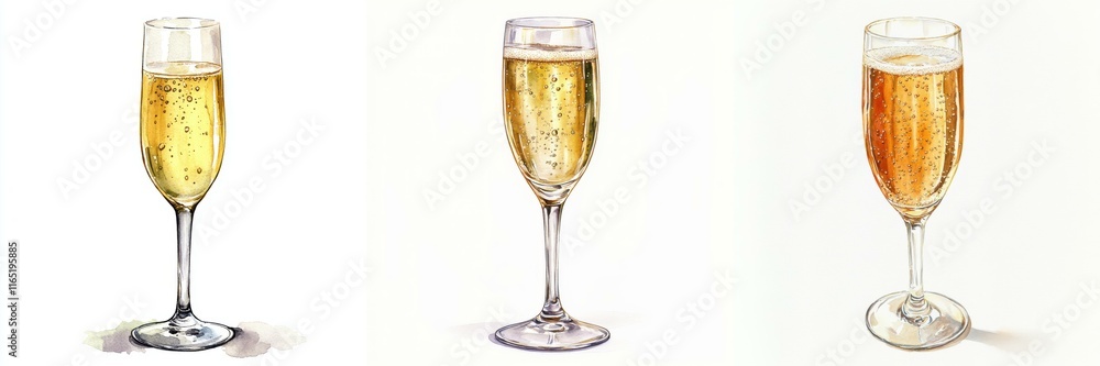 Watercolor set of Three Elegant Champagne Flutes with Bubbles and Sparkling Liquid Watercolor set of Three Elegant Champagne Flutes with Bubbles and Sparkling Liquid