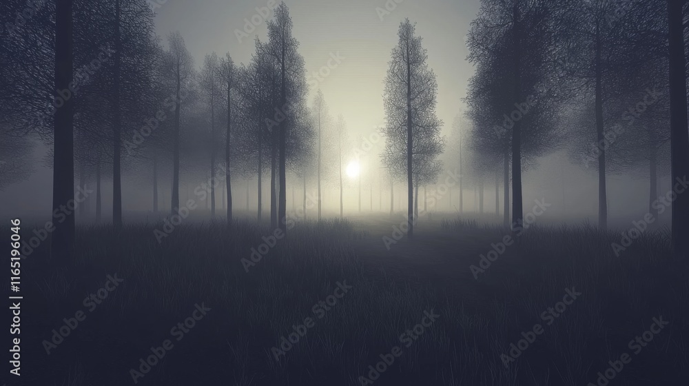 Sunlit Foggy Forest Mystical Sunrise in Woods