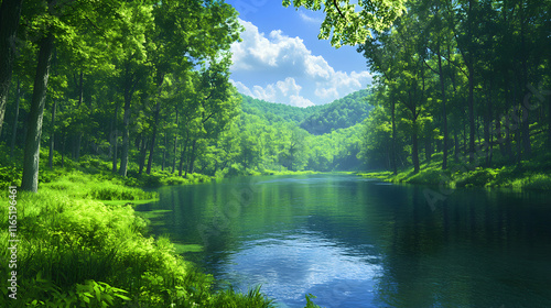 Lush green landscape with a tranquil river and clear blue sky