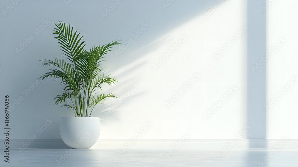 Fototapeta premium Minimalist Green Plant in White Pot Against White Wall with copy space 