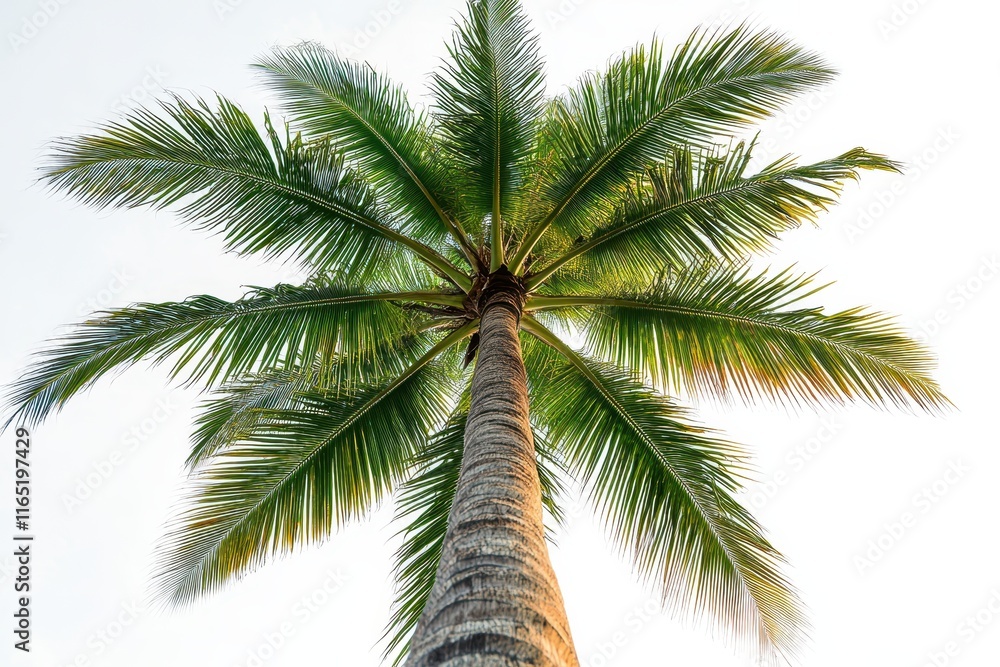 Low angle view of a lush green coconut palm tree against a bright sky. Low angle view of a lush green coconut palm tree against a bright sky.