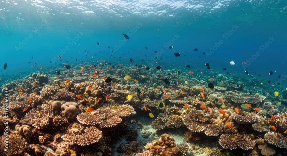 Vibrant underwater coral reef ecosystem with diverse marine life in clear blue waters Vibrant underwater coral reef ecosystem with diverse marine life in clear blue waters