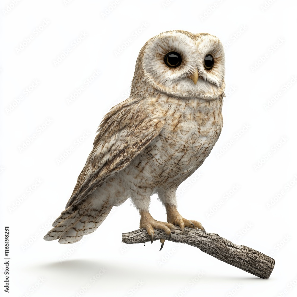 Obraz premium Small 3D owl perched on a branch, with beautifully detailed feathers, isolated on a clean white background