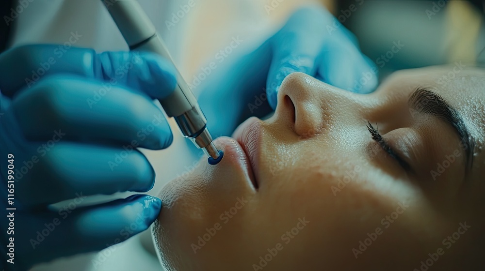 Woman Receiving Lip Treatment with Precision Tool in Spa Setting Woman Receiving Lip Treatment with Precision Tool in Spa Setting