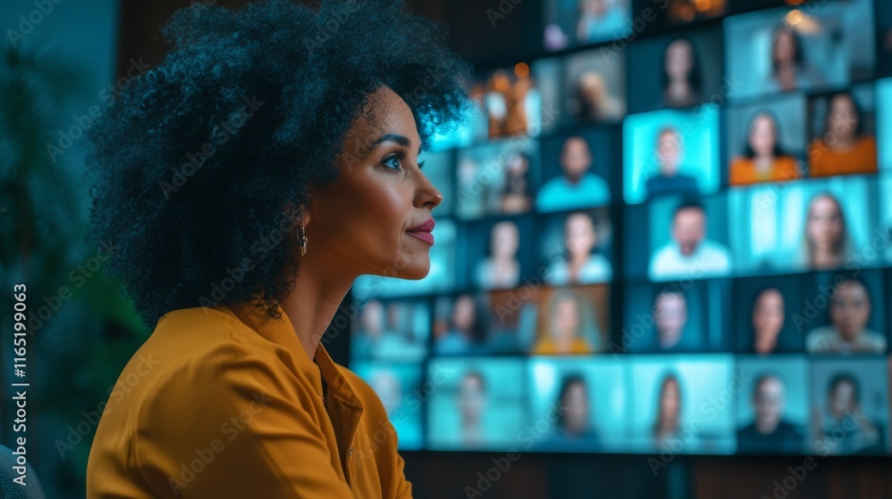 A woman in a yellow shirt is looking at a computer screen with a group of people A woman in a yellow shirt is looking at a computer screen with a group of people