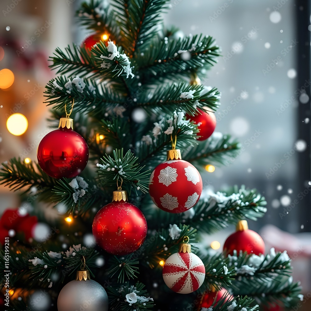 Festive Christmas Scene with Tree and Ornaments Festive Christmas Scene with Tree and Ornaments