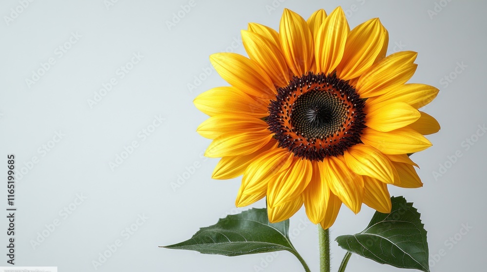 Fototapeta premium Single vibrant sunflower against a soft grey background.