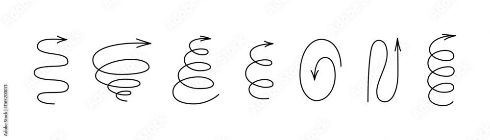 Spiral hand drawn arrows set. Curly line doodle black arrows. Funny design infographic elements. Spiral spring and zig zag pointer. Vector illustrations isolated on white background.