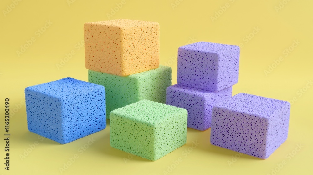 Colorful sponge blocks arranged on a yellow background. Colorful sponge blocks arranged on a yellow background.