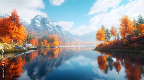 Autumnal lake reflecting vibrant trees and snow capped mountains photo