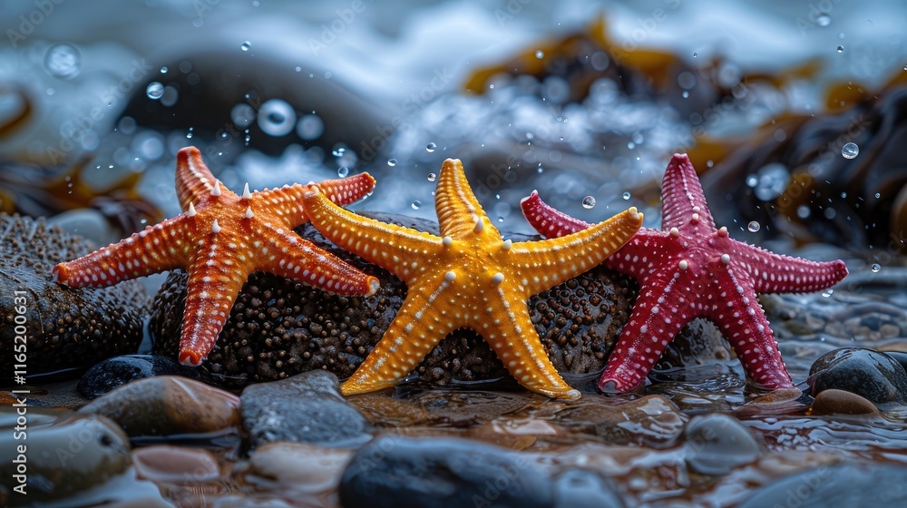 A cluster of starfish on a rocky shore, their vibrant colors and unique textures standing out against the wet stones and gently lapping waves. A cluster of starfish on a rocky shore, their vibrant colors and unique textures standing out against the wet stones and gently lapping waves.