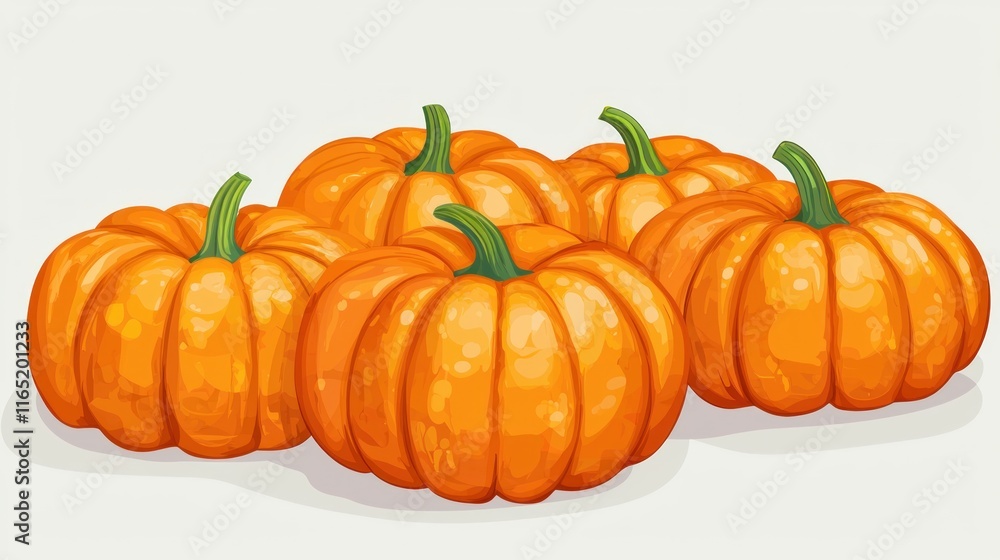 A cluster of five bright orange pumpkins on a light background. A cluster of five bright orange pumpkins on a light background.