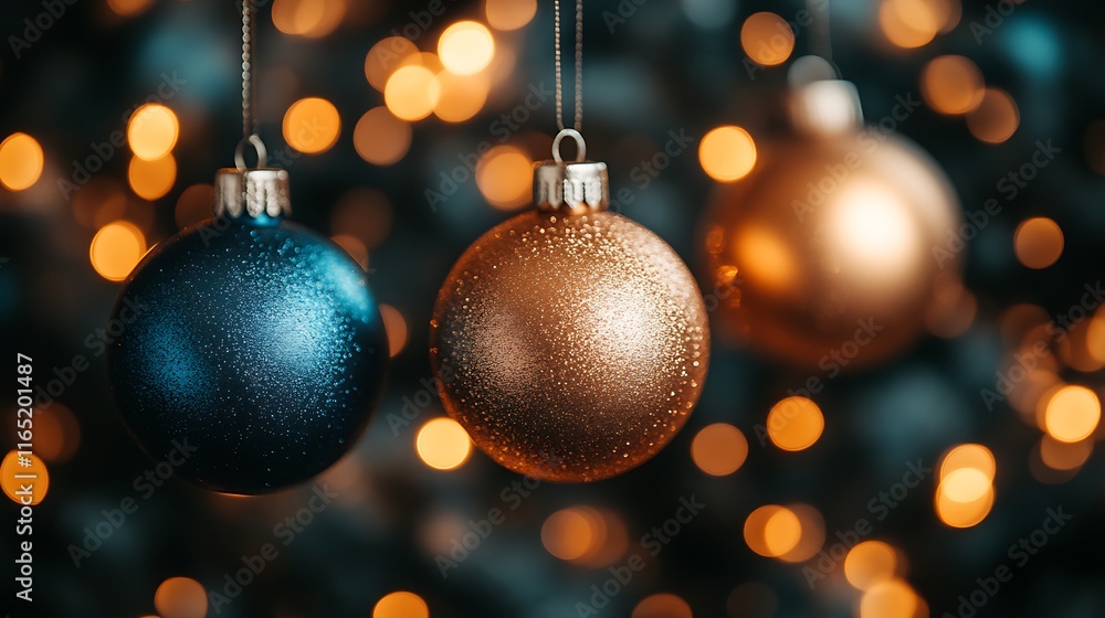 Fototapeta premium Festive Christmas Ornaments Hanging Against Blurry Lights