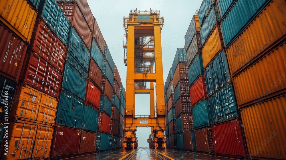 Fototapeta premium Cargo ship containers and gantry crane in port.