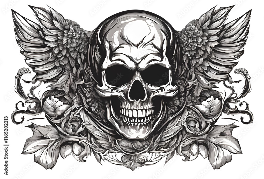Obraz premium 頭蓋骨と羽の装飾イラスト