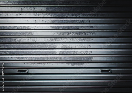 Background image of old corrugated iron door with rust marks on the door painted in gray with light and shadow from a flash.