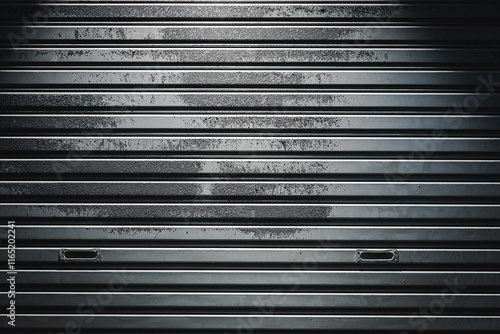 Background image of old corrugated iron door with rust marks on the door painted in gray with light and shadow from a flash.
