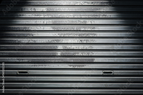 Background image of old corrugated iron door with rust marks on the door painted in gray with light and shadow from a flash.