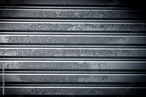 Background image of old corrugated iron door with rust marks on the door painted in gray with light and shadow from a flash.