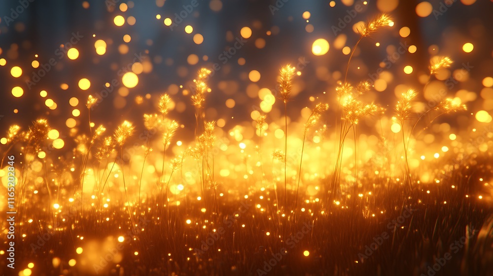 Fototapeta premium Golden Grass Field Illuminated By Magical Lights